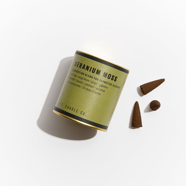P.F. Candle Co. Wholesale - Geranium Moss Alchemy Scented Incense Cones Paper Tube of 30 - Product - Each cone burns for approximately 20-25 minutes each. Our wood-based incense cones are hand-dipped into fine fragrance oils at our Los Angeles factory. 