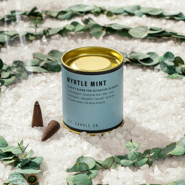 P.F. Candle Co. Wholesale - Myrtle Mint Alchemy Scented Incense Cones Paper Tube of 30 - Lifestyle - A clarity blend to promote focus, with notes of blue eucalyptus, marram grass, sea salt, and dew. Inspired by the lucidity of an herb garden breeze, formulated with upcycled lemon and eucalyptus.