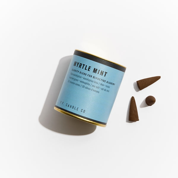 P.F. Candle Co. Wholesale - Myrtle Mint Alchemy Scented Incense Cones Paper Tube of 30 - Product - Each cone burns for approximately 20-25 minutes each. Our wood-based incense cones are hand-dipped into fine fragrance oils at our Los Angeles factory. 