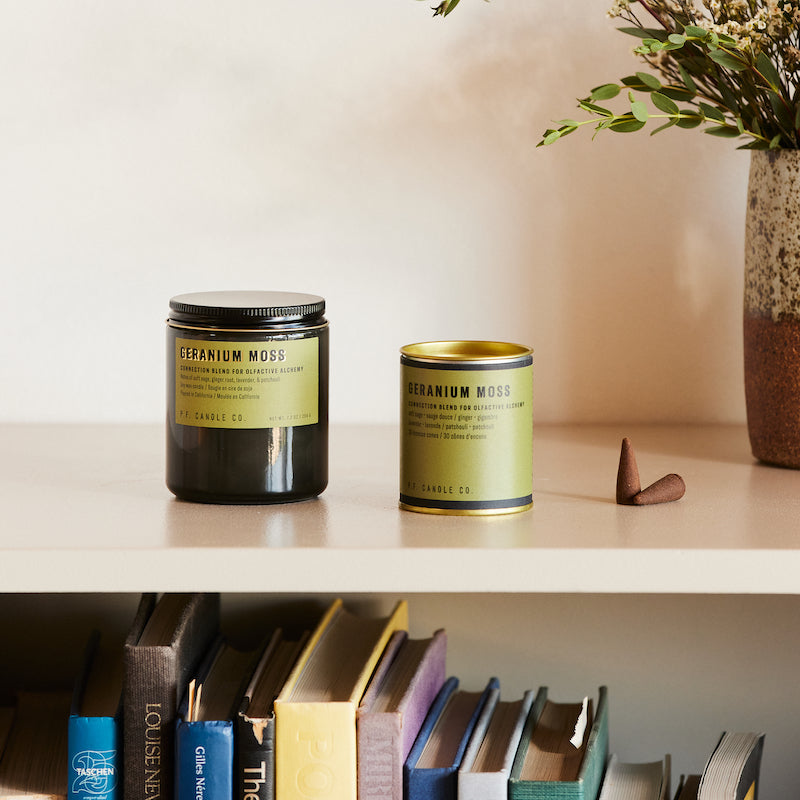 P.F. Candle Co. Wholesale - Geranium Moss 7.2 oz Alchemy Scented Soy Wax Candle - Lifestyle - Scent Family - Alchemy is a collection of candles and incense cones featuring science-backed blends meant to mimic the healing qualities of nature and boost your mood.
