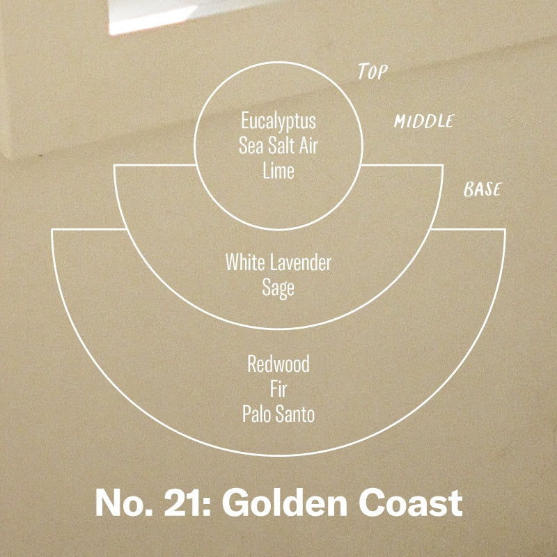 P.F. Candle Co. Wholesale Golden Coast - Scent Notes - Top: Eucalyptus, Sea Salt Air, Lime; Middle: White Lavender, Sage; Base: Redwood, Fir, Palo Santo