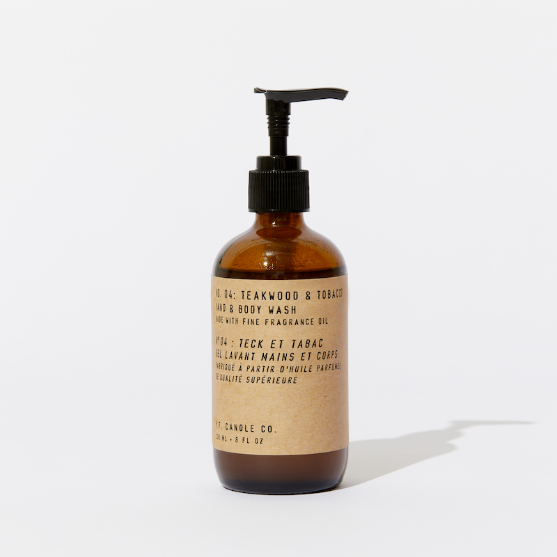 P.F. Candle Co. Wholesale - Teakwood & Tobacco Classic 8 oz Scented Hand & Body Wash - Product - This collection is vegan and cruelty-free, contains no sulfates, parabens, or phthalates, and is packaged in recyclable glass bottles to fit right in with any home decor.