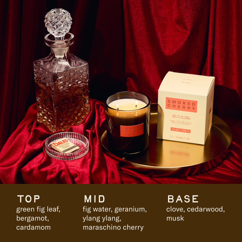P.F. Candle Co. Wholesale Smoked Cherry - Scent Notes - Top: Green Fig Leaf, Bergamot, Cardamom; Middle: Fig Water, Geranium, Ylang Ylang, Maraschino Cherry; Base: Clove, Cedarwood, Musk.