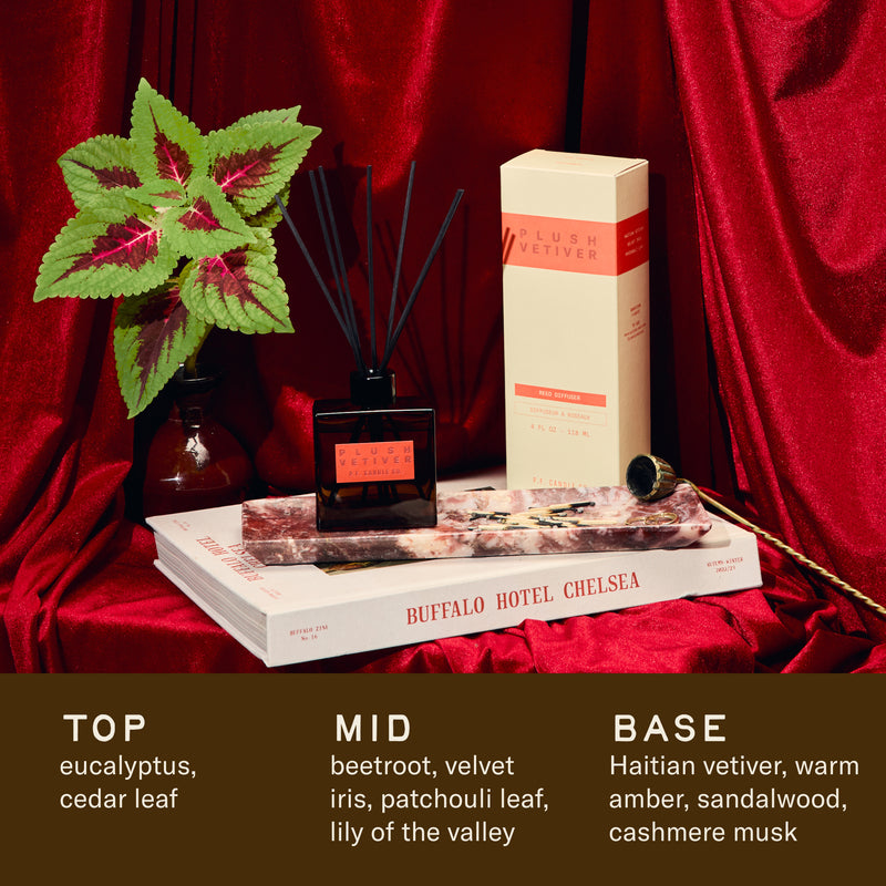 P.F. Candle Co. Wholesale Plush Vetiver - Scent Notes - Top: Eucalyptus, Cedar Leaf; Middle: Beetroot, Velvet Iris, Patchouli Leaf, Lily of the Valley; Base: Haitian Vetiver, Warm Amber, Sandalwood, Cashmere Musk.