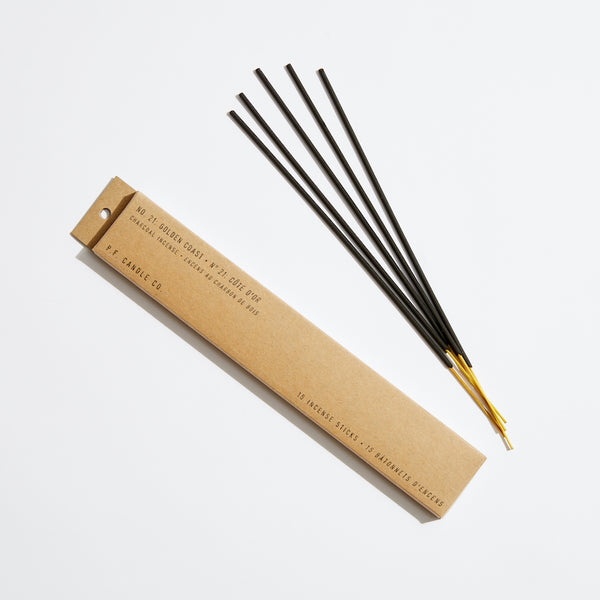 P.F. Candle Co. Wholesale - Golden Coast - Classic Incense Sticks - Product - Our charcoal-based Incense is hand-dipped in our studio and packaged in kraft box packaging.