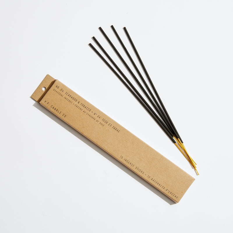 P.F. Candle Co. Wholesale - Teakwood & Tobacco - Classic Incense Sticks - Product - Our charcoal-based Incense is hand-dipped in our studio and packaged in kraft box packaging.
