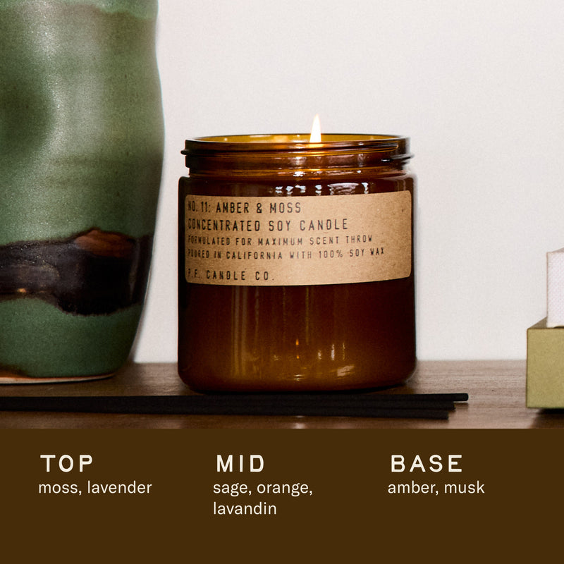 P.F. Candle Co. Wholesale Amber & Moss - Scent Notes - Top: Moss, Lavender; Middle: Sage, Orange, Lavandin; Base: Amber, Musk