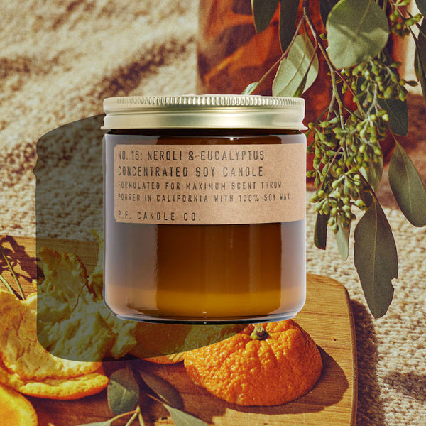P.F. Candle Co. Wholesale Neroli & Eucalyptus Large Concentrated Candle - Lifestyle - Orange slices, sunblock sheen, ice cold mojitos by the pool. Notes of orange blossom, mint, eucalypt