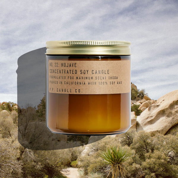 P.F. Candle Co. Wholesale Mojave Large Concentrated Candle - Lifestyle - Afternoon explorations through high desert landscapes, a much-needed reset under dark starry skies, the magic of a weekend away. Notes of creosote, golden poppy, chaparral, and white musk.