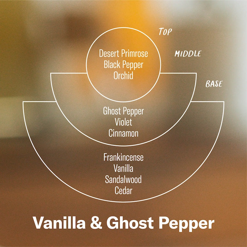 P.F. Candle Co. Wholesale Vanilla & Ghost Pepper - Scent Notes - Top: Desert Primrose, Black Pepper, Orchid; Middle: Ghost Pepper, Violet, Cinnamon; Base: Frankincense, Vanilla, Sandalwood, Cedar