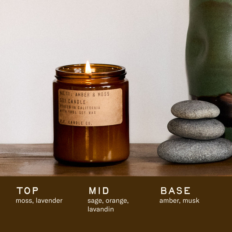 P.F. Candle Co. Wholesale Amber & Moss - Scent Notes - Top: Moss, Lavender; Middle: Sage, Orange, Lavandin; Base: Amber, Musk