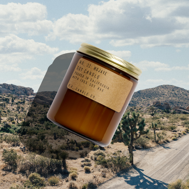 P.F. Candle Co. Wholesale Mojave Standard Candle - Lifestyle - Afternoon explorations through high desert landscapes, a much-needed reset under dark starry skies, the magic of a weekend away. Notes of creosote, golden poppy, chaparral, and white musk.