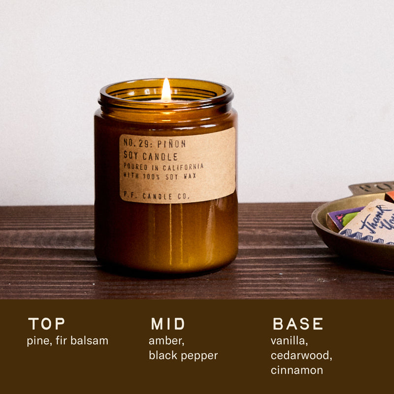 P.F. Candle Co. Wholesale Piñon - Scent Notes - Top: Pine, Fir Balsam; Middle: Amber, Black Pepper; Base: Vanilla, Cedarwood, Cinnamon