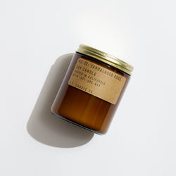 P.F. Candle Co. Wholesale - Sandalwood Rose - Classic 7.2 oz Standard Soy Wax Candle - Product - Our 7.2 oz Standard Candles are hand-poured into apothecary inspired amber jars with our signature kraft label and a brass lid. This is our most popular size and is meant for dressers, countertops, nightstands – basically everywhere.