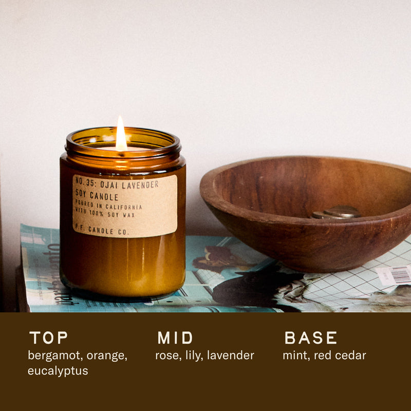 P.F. Candle Co. Wholesale Ojai Lavender - Scent Notes - Top: Bergamot, Orange, Eucalyptus; Middle: Rose, Lily, Lavender; Base: Mint, Red Cedar
