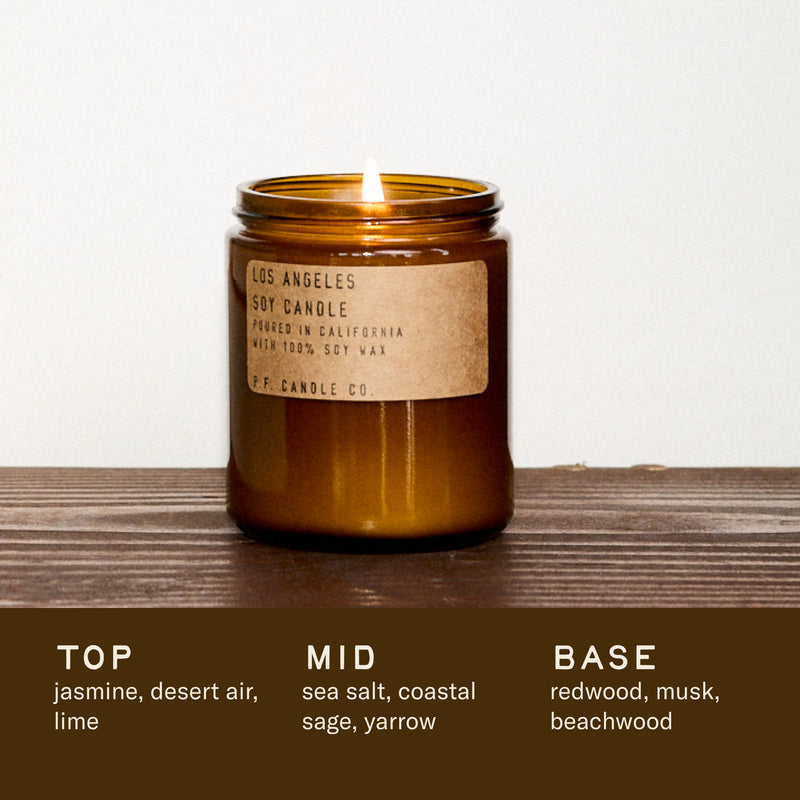 P.F. Candle Co. Wholesale Los Angeles - Scent Notes - Top: Jasmine, Desert Air, Lime; Middle: Sea Salt, Coastal Sage, Yarrow; Base: Redwood, Musk, Beachwood