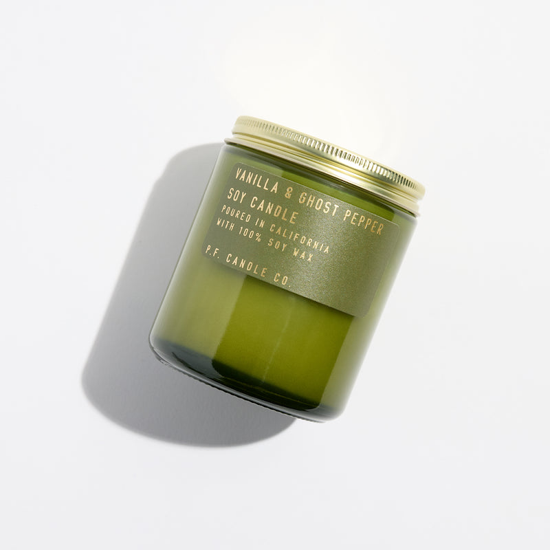 P.F. Candle Co. Wholesale Vanilla & Ghost Pepper Limited Winter Classics Candle - Product - Hand-poured into apothecary inspired amber jars with our signature kraft label and a brass lid.